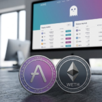 En primer plano: monedas de AAVE y wETH. En el fondo, un monitor de computadora con la página principal de Aave.