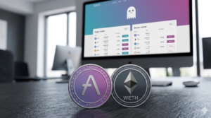 En primer plano: monedas de AAVE y wETH. En el fondo, un monitor de computadora con la página principal de Aave.