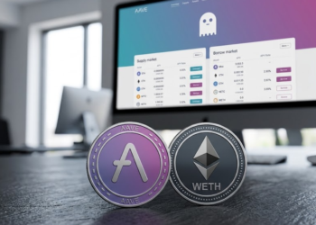 En primer plano: monedas de AAVE y wETH. En el fondo, un monitor de computadora con la página principal de Aave.