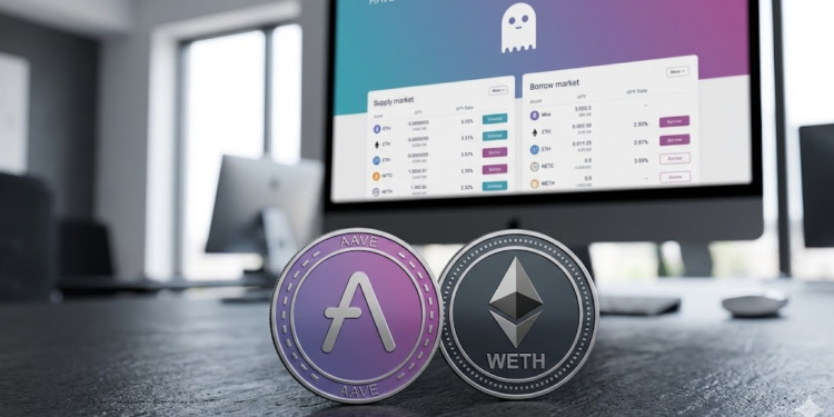 En primer plano: monedas de AAVE y wETH. En el fondo, un monitor de computadora con la página principal de Aave.