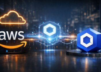 Banner futurista con logos de AWS y Chainlink conectados por red de datos en un centro tecnológico.