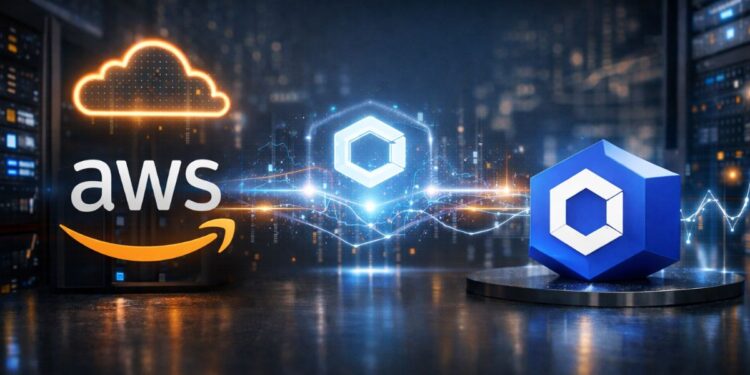 Banner futurista con logos de AWS y Chainlink conectados por red de datos en un centro tecnolรณgico.