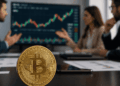 En primer plano: moneda física de bitcoin sobre una mesa. En el fondo: analistas debatiendo sobre el precio de bitcoin con un gráfico en una pantalla.