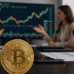 En primer plano: moneda física de bitcoin sobre una mesa. En el fondo: analistas debatiendo sobre el precio de bitcoin con un gráfico en una pantalla.