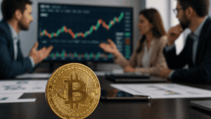 En primer plano: moneda física de bitcoin sobre una mesa. En el fondo: analistas debatiendo sobre el precio de bitcoin con un gráfico en una pantalla.