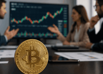En primer plano: moneda física de bitcoin sobre una mesa. En el fondo: analistas debatiendo sobre el precio de bitcoin con un gráfico en una pantalla.