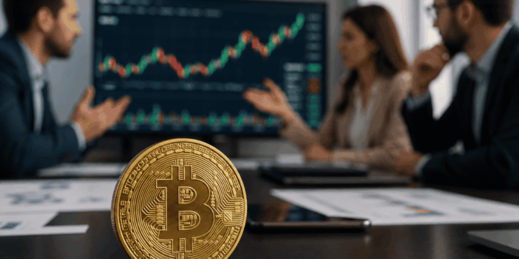 En primer plano: moneda física de bitcoin sobre una mesa. En el fondo: analistas debatiendo sobre el precio de bitcoin con un gráfico en una pantalla.