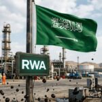 Bandera de Arabia Saudita con una pantalla que dice RWA. Y gotas de petróleo alrededor.