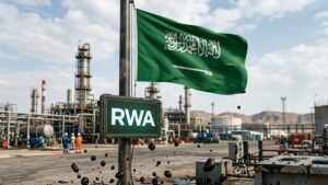 Bandera de Arabia Saudita con una pantalla que dice RWA. Y gotas de petrรณleo alrededor.