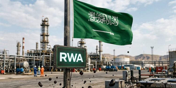 Bandera de Arabia Saudita con una pantalla que dice RWA. Y gotas de petróleo alrededor.