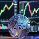 Moneda de ARC en un entorno bursátil con gráficos financieros.