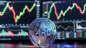 Moneda de ARC en un entorno bursátil con gráficos financieros.