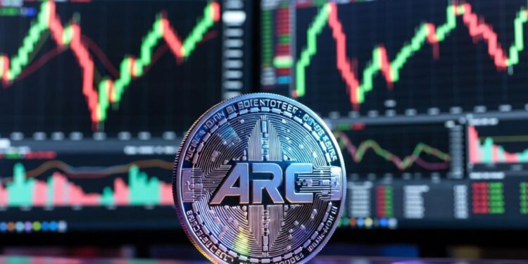 Moneda de ARC en un entorno bursátil con gráficos financieros.