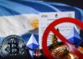 Imagen estilo realista con bandera argentina, símbolos de criptomonedas, elementos de apuestas bloqueados y un documento oficial de la ley.