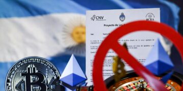 Imagen estilo realista con bandera argentina, símbolos de criptomonedas, elementos de apuestas bloqueados y un documento oficial de la ley.