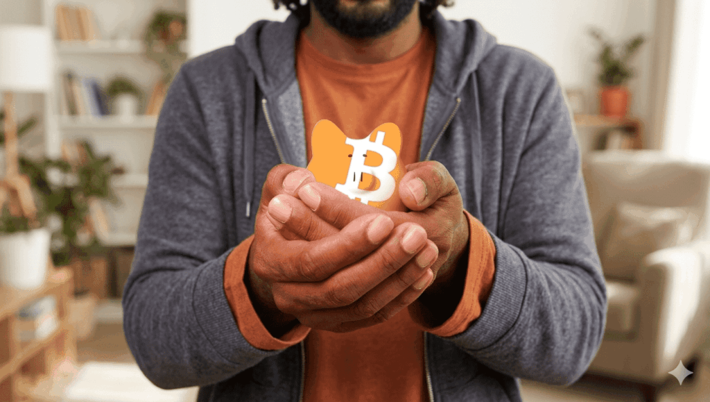 Primer plano de un hombre con vestimenta casual sosteniendo con ambas manos una pequeña alcancía naranja con el logotipo de Bitcoin, simbolizando la protección y la autocustodia de activos digitales en un entorno doméstico.