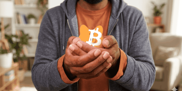 Primer plano de un hombre con vestimenta casual sosteniendo con ambas manos una pequeña alcancía naranja con el logotipo de Bitcoin, simbolizando la protección y la autocustodia de activos digitales en un entorno doméstico.