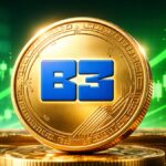 Moneda física de B3 dorada con gráfico alcista verde de fondo en estilo realista.