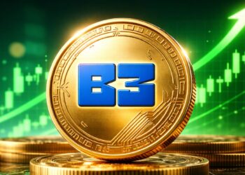 Moneda física de B3 dorada con gráfico alcista verde de fondo en estilo realista.