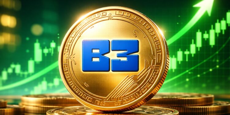 Moneda física de B3 dorada con gráfico alcista verde de fondo en estilo realista.