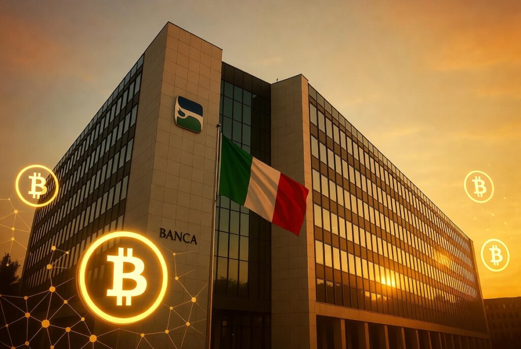 Fotografía realista de la sede de Banca Sella en Biella, Piamonte, durante la hora dorada con mucha más luz y brillo. Iluminación intensa y luminosa, cielo claro con tonos cálidos brillantes. Integración sutil de elementos Bitcoin y criptomonedas.