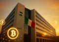 Fotografía realista de la sede de Banca Sella en Biella, Piamonte, durante la hora dorada con mucha más luz y brillo. Iluminación intensa y luminosa, cielo claro con tonos cálidos brillantes. Integración sutil de elementos Bitcoin y criptomonedas.