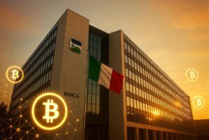 Fotografía realista de la sede de Banca Sella en Biella, Piamonte, durante la hora dorada con mucha más luz y brillo. Iluminación intensa y luminosa, cielo claro con tonos cálidos brillantes. Integración sutil de elementos Bitcoin y criptomonedas.