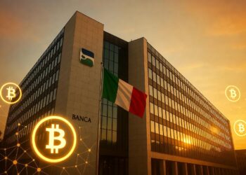 Fotografía realista de la sede de Banca Sella en Biella, Piamonte, durante la hora dorada con mucha más luz y brillo. Iluminación intensa y luminosa, cielo claro con tonos cálidos brillantes. Integración sutil de elementos Bitcoin y criptomonedas.