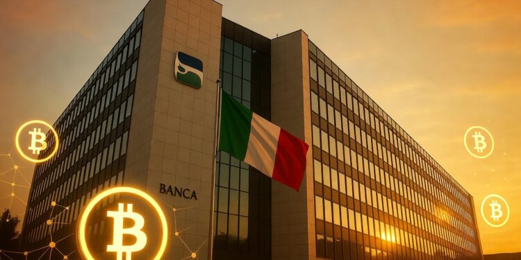 Fotografía realista de la sede de Banca Sella en Biella, Piamonte, durante la hora dorada con mucha más luz y brillo. Iluminación intensa y luminosa, cielo claro con tonos cálidos brillantes. Integración sutil de elementos Bitcoin y criptomonedas.