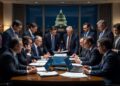 Un grupo de banqueros se reúne alrededor de una mesa de trabajo en la que en el fondo se observa el Capitolio de Washington.