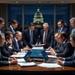 Un grupo de banqueros se reรบne alrededor de una mesa de trabajo en la que en el fondo se observa el Capitolio de Washington.