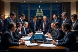 Un grupo de banqueros se reúne alrededor de una mesa de trabajo en la que en el fondo se observa el Capitolio de Washington.