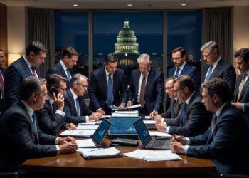 Un grupo de banqueros se reúne alrededor de una mesa de trabajo en la que en el fondo se observa el Capitolio de Washington.