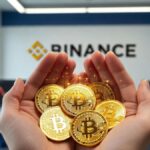 Monedas de bitcoin en las palmas de una manos dentro de una oficina de Binance.