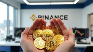 Monedas de bitcoin en las palmas de una manos dentro de una oficina de Binance.