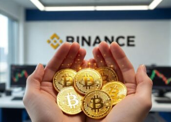 Monedas de bitcoin en las palmas de una manos dentro de una oficina de Binance.