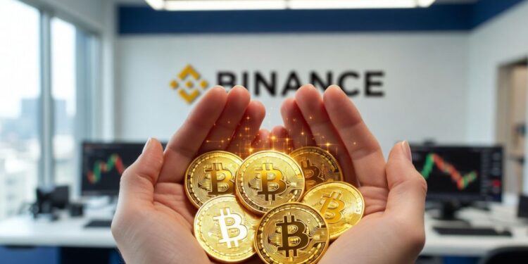 Monedas de bitcoin en las palmas de una manos dentro de una oficina de Binance.