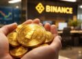 Manos sosteniendo monedas de oro tokenizado frente a una oficina de Binance con gráficos financieros al fondo.