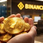 Manos sosteniendo monedas de oro tokenizado frente a una oficina de Binance con gráficos financieros al fondo.