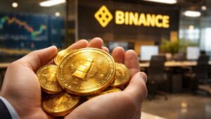 Manos sosteniendo monedas de oro tokenizado frente a una oficina de Binance con gráficos financieros al fondo.