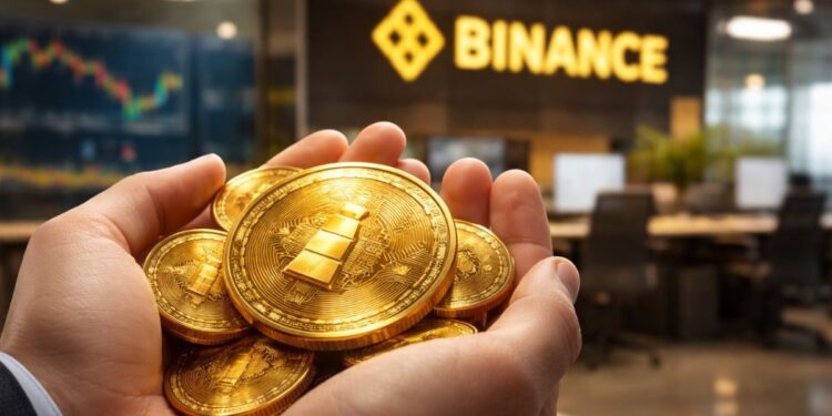 Manos sosteniendo monedas de oro tokenizado frente a una oficina de Binance con gráficos financieros al fondo.