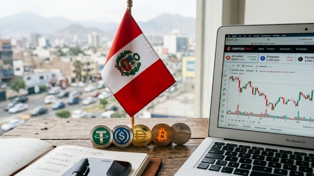 Stablecoins, bitcoin y criptomonedas, junto a la bandera de Perú sobre un escritorio.