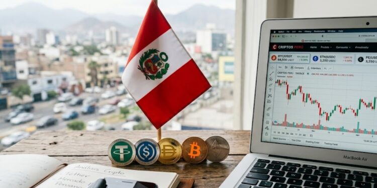 Stablecoins y criptomonedas, junto a la bandera de Perú sobre un escritorio.