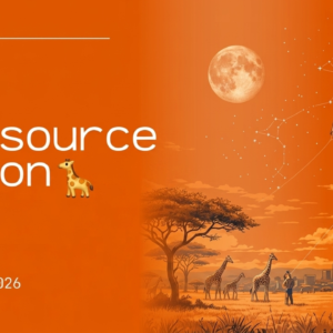 Banner naranja de "bitcoin++ open source edition" en Nairobi, con jirafas bajo la luna.