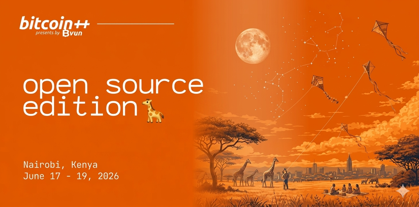 Banner naranja de "bitcoin++ open source edition" en Nairobi, con jirafas bajo la luna.