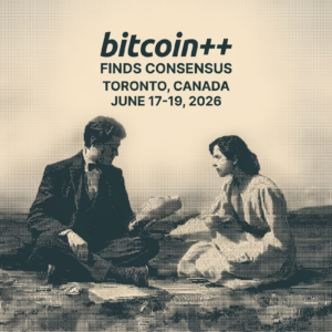 Banner de "bitcoin++ Finds Consensus" en Toronto, con dos personas sentadas compartiendo un documento.
