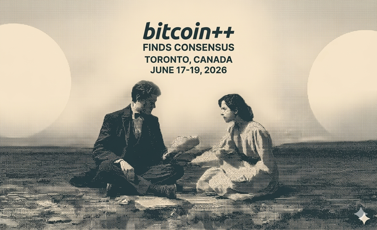 Banner de "bitcoin++ Finds Consensus" en Toronto, con dos personas sentadas compartiendo un documento.