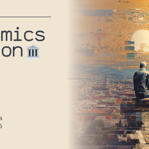 Banner de "bitcoin++ economics edition" en Viena, mostrando una estatua mirando hacia la ciudad.