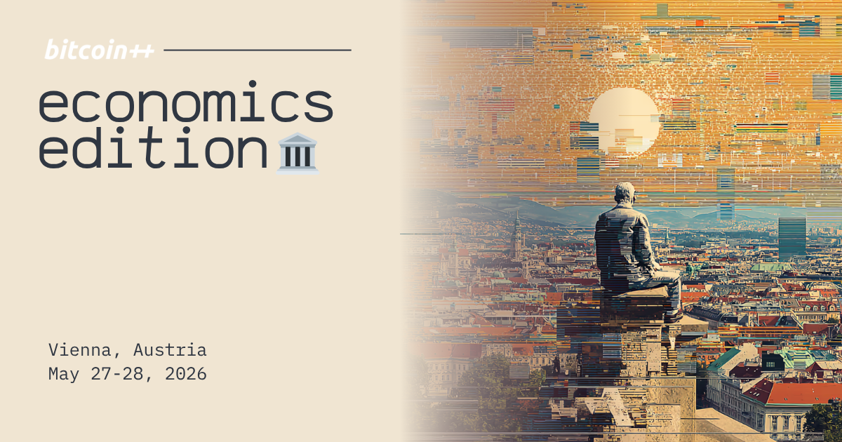 Banner de "bitcoin++ economics edition" en Viena, mostrando una estatua mirando hacia la ciudad.
