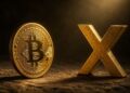 Moneda de bitcoin y una cruz dorada.